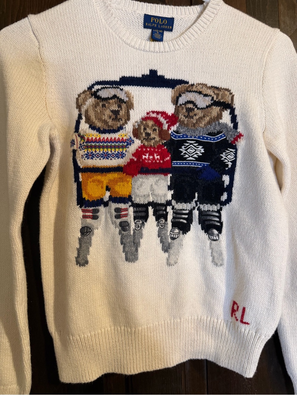 Polo by Ralph Lauren Kids White Crewneck Sweater with Ski Bear Trio- 12/14 NWT